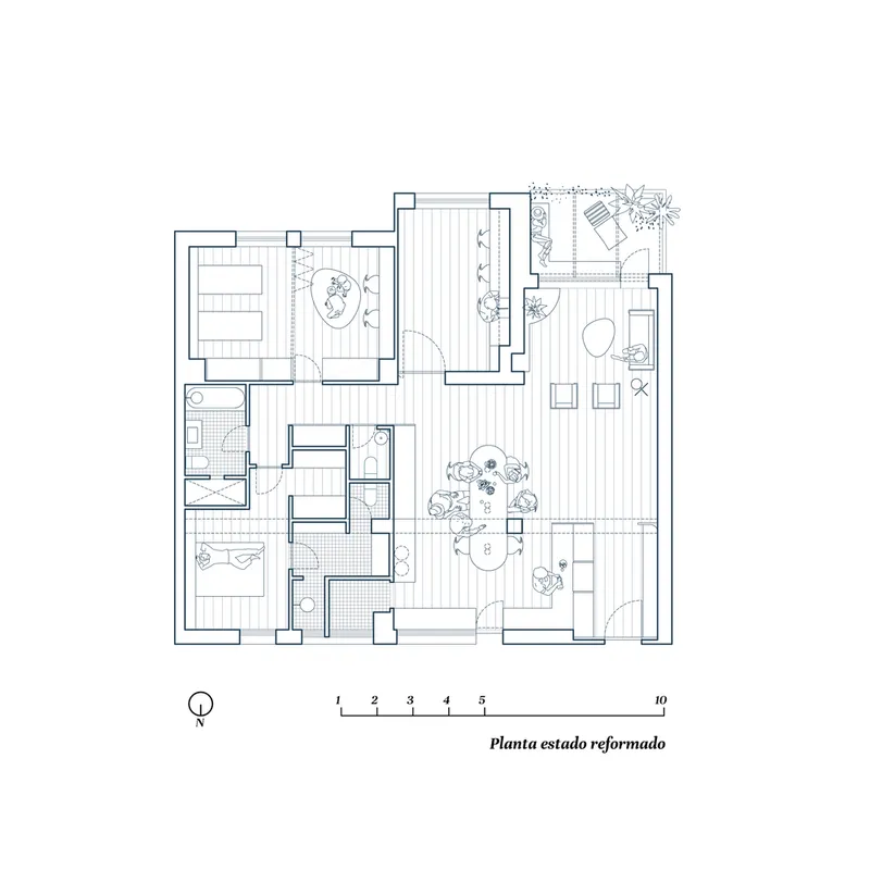 Floor plan drawing showing apartment layout with bedrooms, bathroom, kitchen, and balcony with planted areas