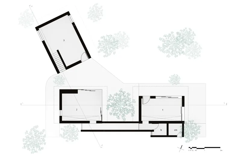 Floor plan drawing showing three interconnected pavilions with a central courtyard and scattered trees