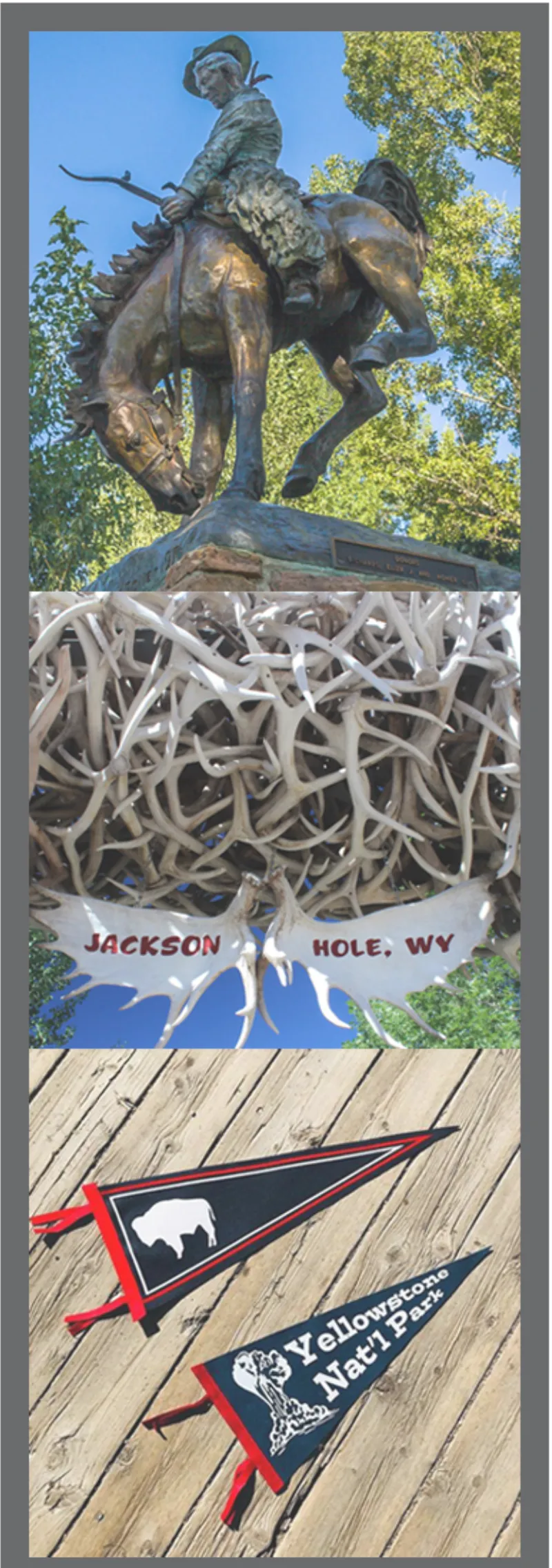 Vertical collage showing bronze statue, woven antler screen, and triangular pennants on wood decking