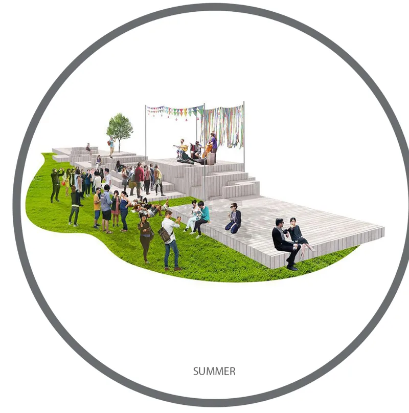 Rendering of tiered seating and stage area with people gathering and performance in summer