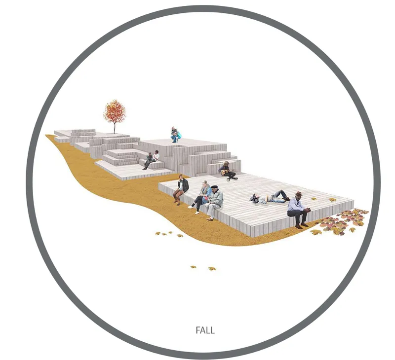 Rendering of the same seating platform in autumn with falling leaves and scattered visitors
