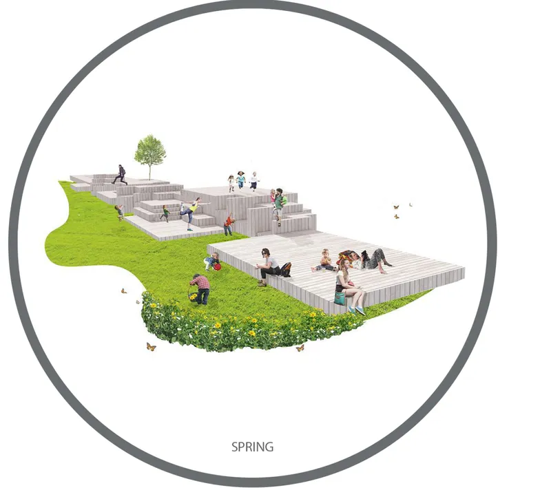 Axonometric rendering showing timber stepped terraces with people on green lawn and flowering plants during spring