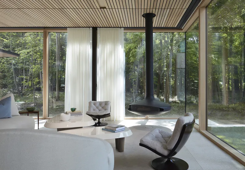Living room with suspended fireplace and floor-to-ceiling glass walls overlooking the wooded landscape