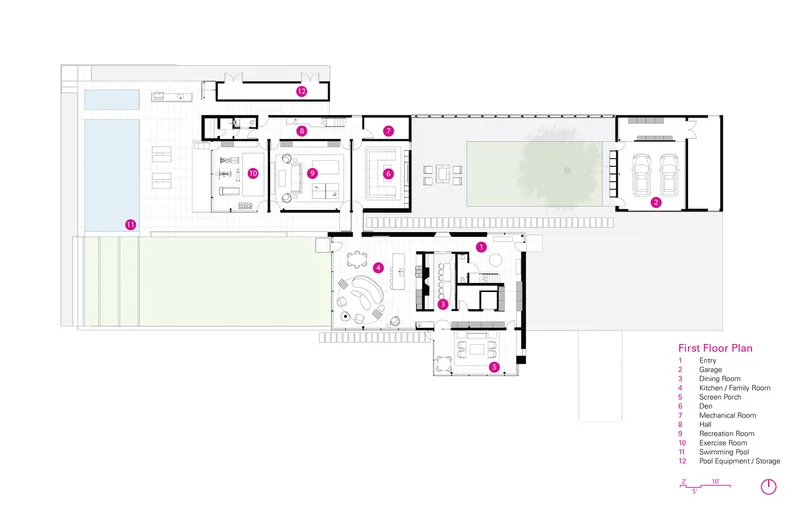 First floor plan drawing showing living spaces, garage, and pool arranged in a linear configuration