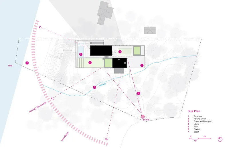 Site plan drawing showing the building footprint on a sloped lakeside parcel with ravine and access routes