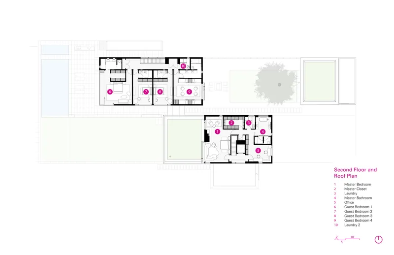 Second floor and roof plan drawing showing bedroom layout and upper level terraces