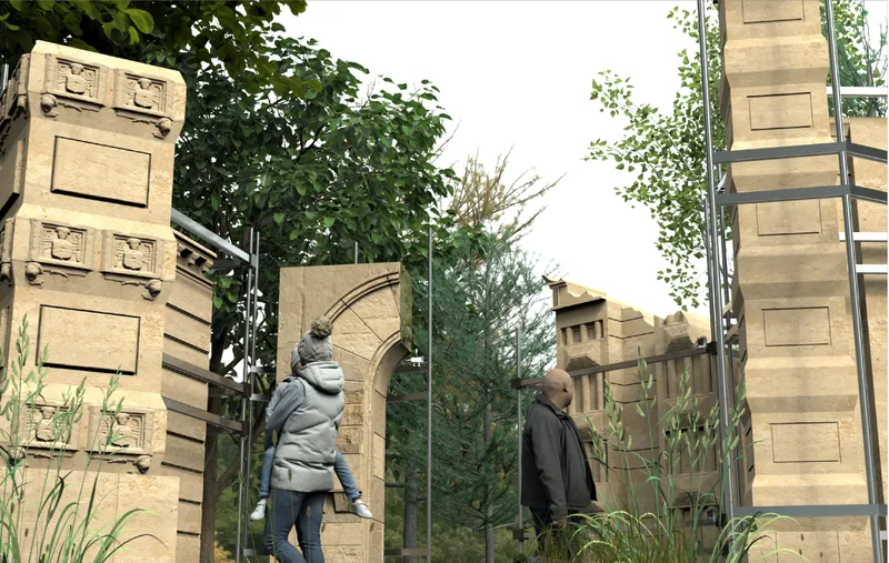 Freestanding sandstone gate with arched opening surrounded by planted grasses and two visitors under leafy trees