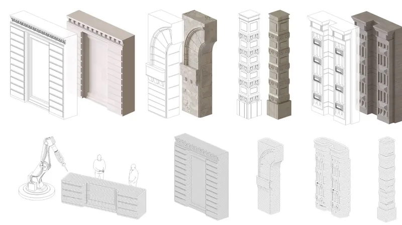 Axonometric drawing showing salvaged facade fragments and structural components arranged in two rows