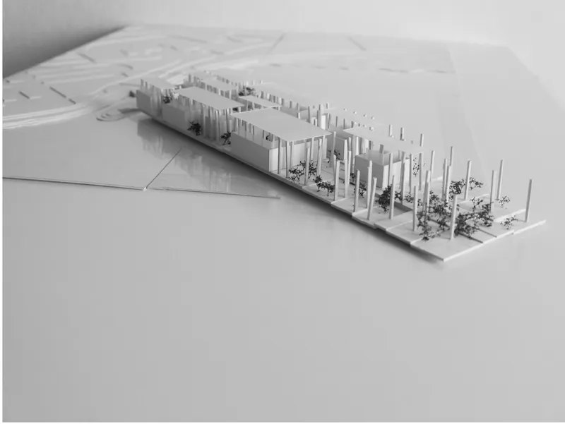 Physical model showing a linear building with vertical column elements and planted courtyards within the site context