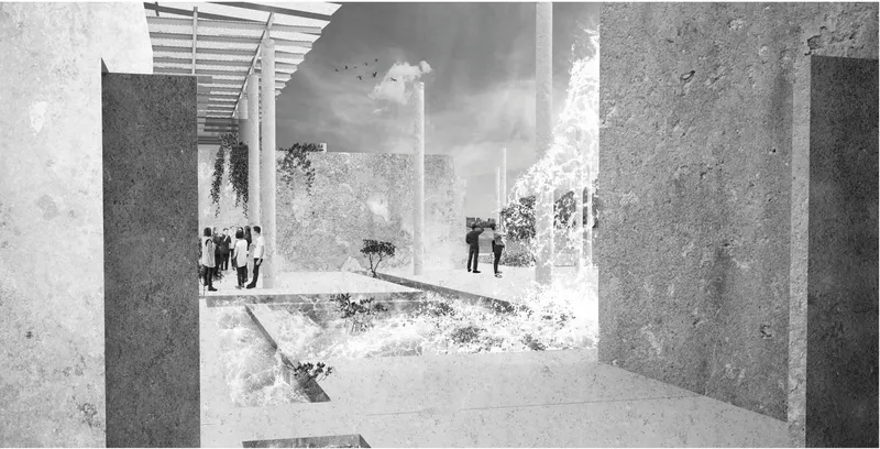 Interior view through concrete walls toward a courtyard where visitors gather beneath a slatted pergola in bright sunlight