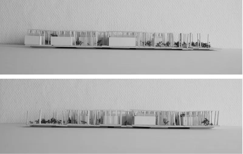 Sectional elevation models displaying the building from opposite sides with vertical structural elements and interior landscape features