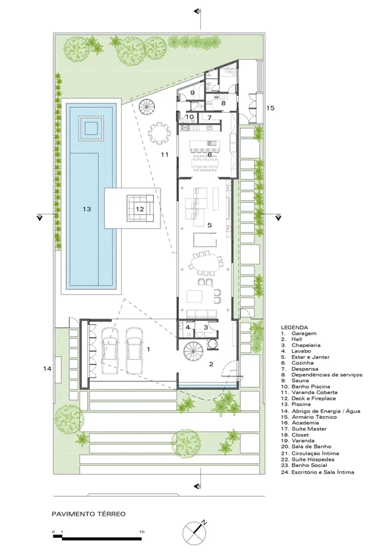 Ground floor plan drawing showing residence with lap pool and garage on irregular lot