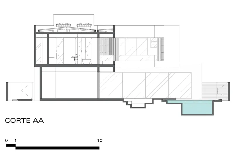 Section drawing showing two-story residence with rooftop terrace and pool at grade