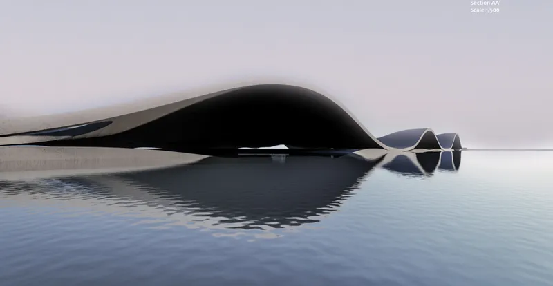 Side view of the cantilevered roof reflecting in calm water with cellular supports visible beneath