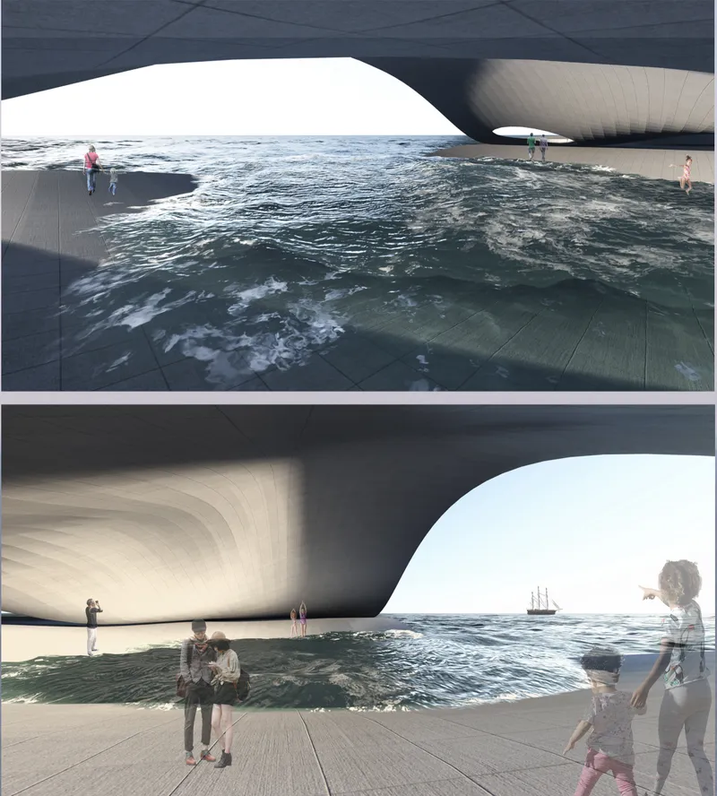 Openings framing water views from the underside of the structure with visitors on the paved terrace