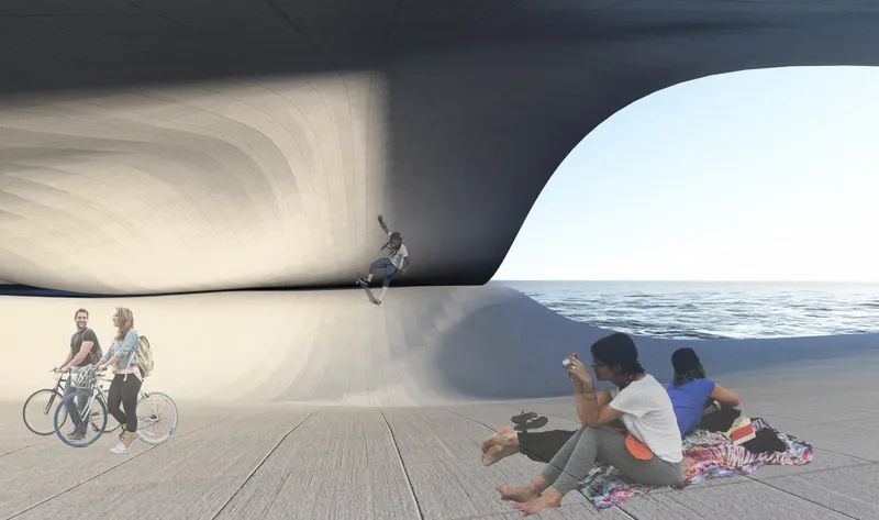 Visitors sitting and cycling beneath the arched openings with ocean views and ribbed ceiling panels