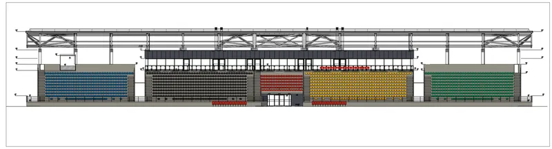 Elevation drawing showing modular colored facade panels in blue, brown, yellow, and green beneath a steel truss structure