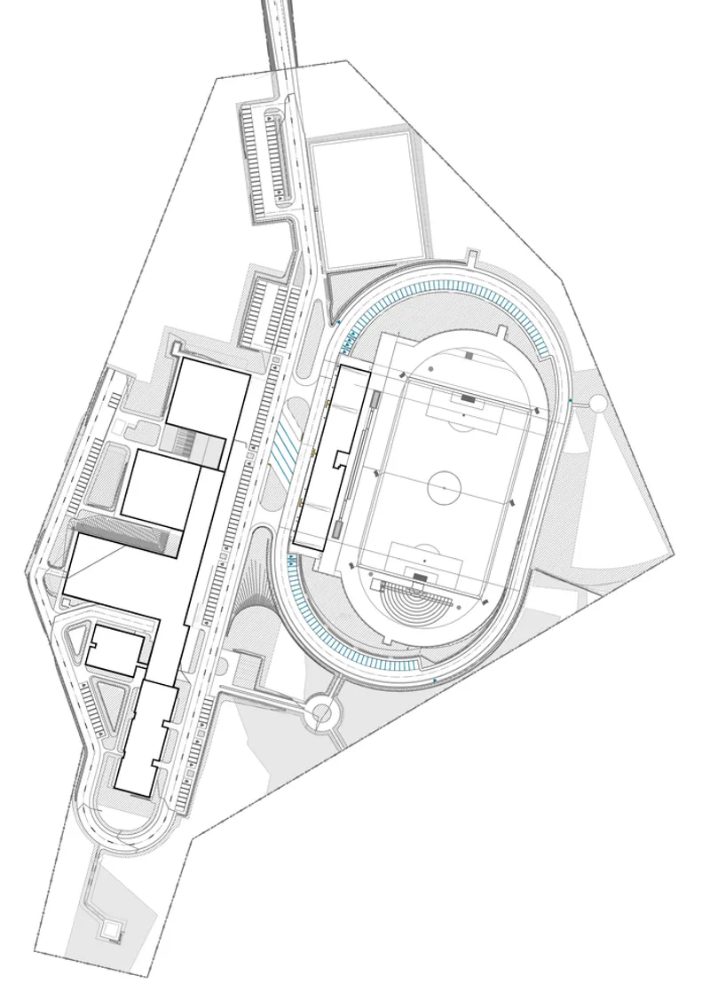 Site plan drawing showing an oval stadium surrounded by auxiliary buildings and circulation paths