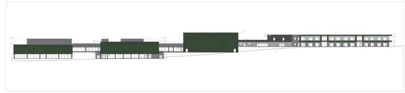Elevation drawing showing a long horizontal composition with varied massing and a tall tower element at the right end
