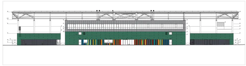 Elevation drawing depicting an exposed steel truss roof above a green facade with colorful vertical panels below