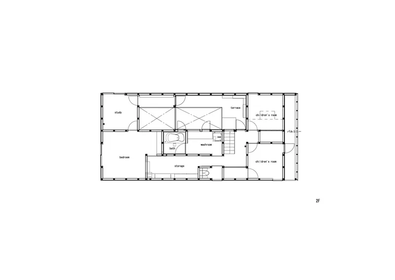 Second floor plan showing bedroom, study spaces, terrace and central bathroom with stair access