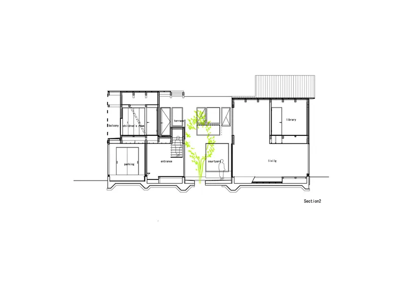 Building section drawing showing living spaces, library volume and central void with descending green planting
