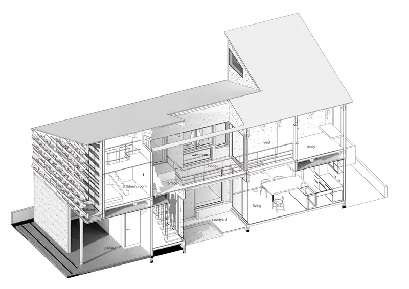 Axonometric cutaway drawing revealing interior room layouts across three levels with labeled program spaces