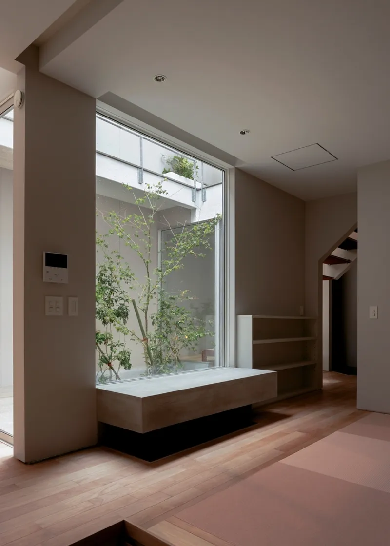 Raised timber platform beside a floor-to-ceiling window opening onto a small interior courtyard with planted tree