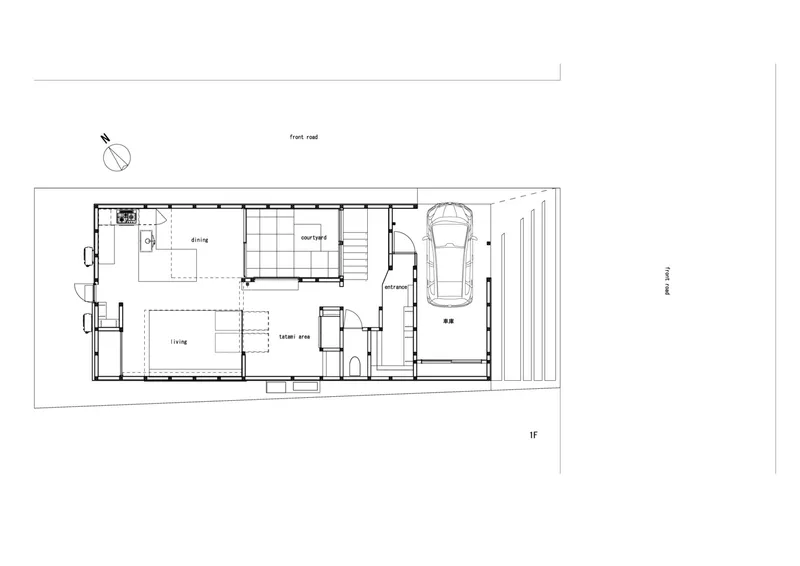 First floor plan showing living spaces, dining area, courtyard and attached carport with vehicle