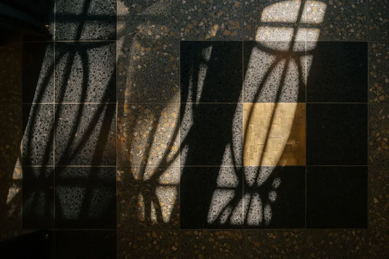 Shadows of tree branches and window frames cast across a textured terrazzo floor with brass inlay