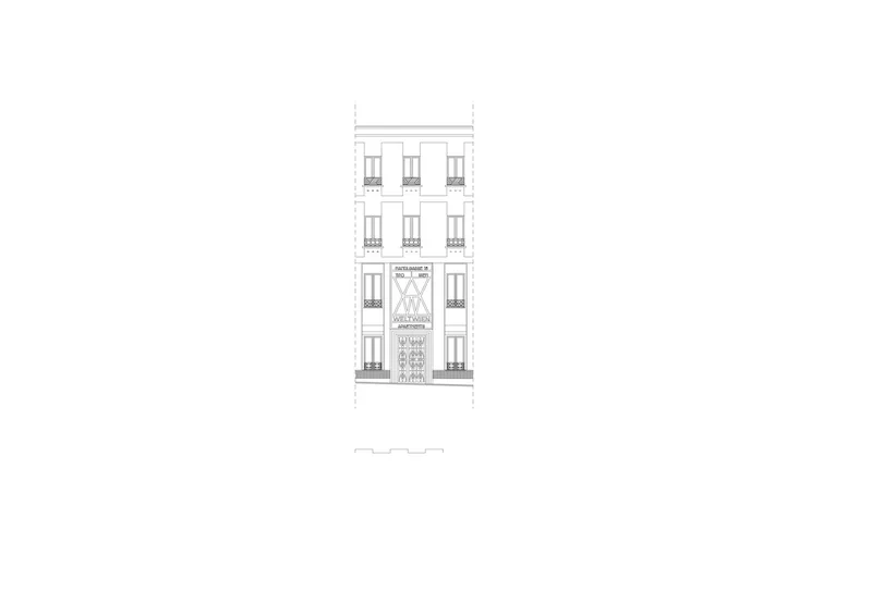 Elevation drawing of a four-story building facade with symmetrical window openings and ornamental entry