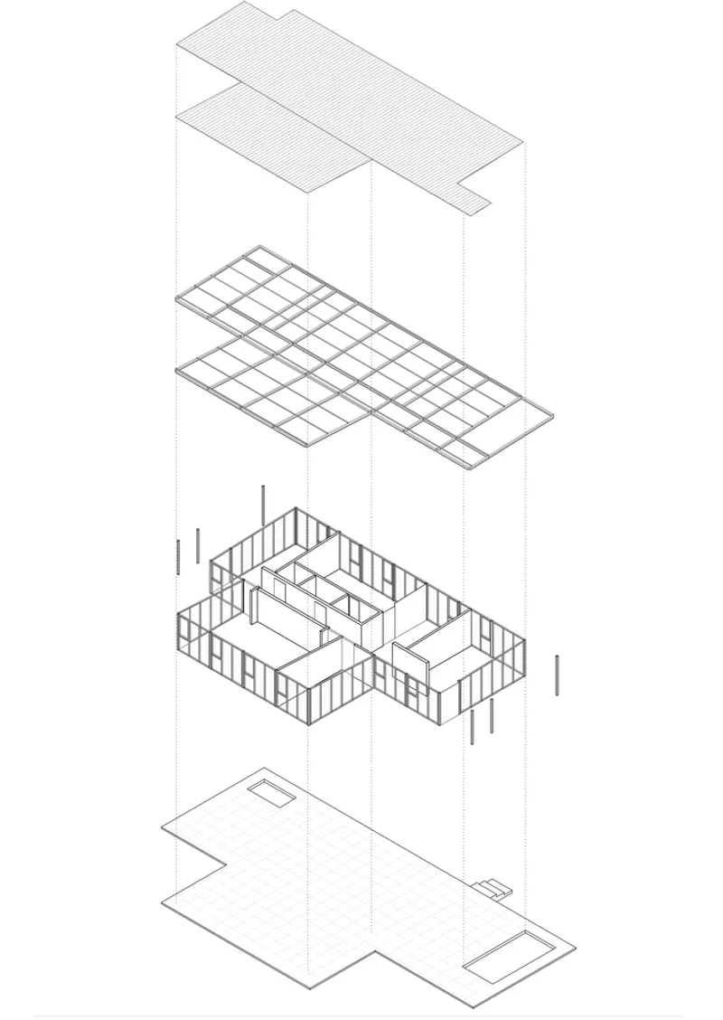 Exploded axonometric drawing revealing layered components from angled roof planes to gridded frame to interior partitions