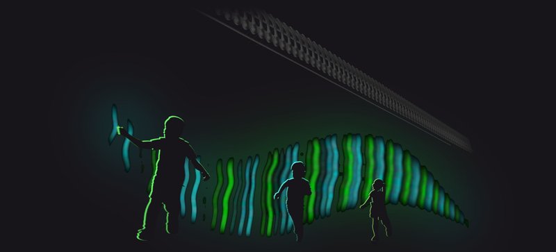 Section rendering of undulating green and blue light waves beneath suspended structural grid with figures