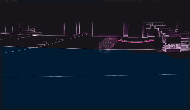 Elevation drawing showing curved bridge structure with spiral element spanning between waterfront buildings