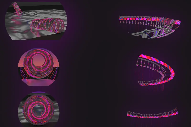 Axonometric views showing spiral and curved structural systems with pink and purple highlighting