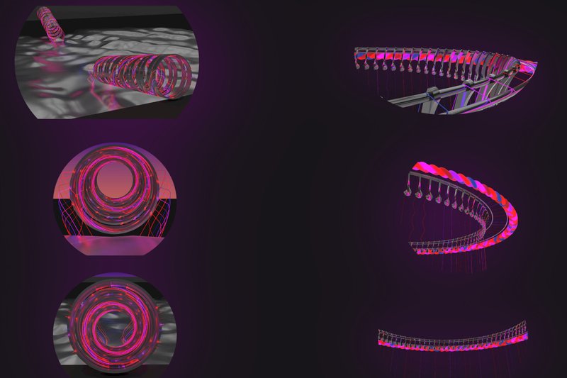 Axonometric views showing spiral and curved structural systems with pink and purple highlighting