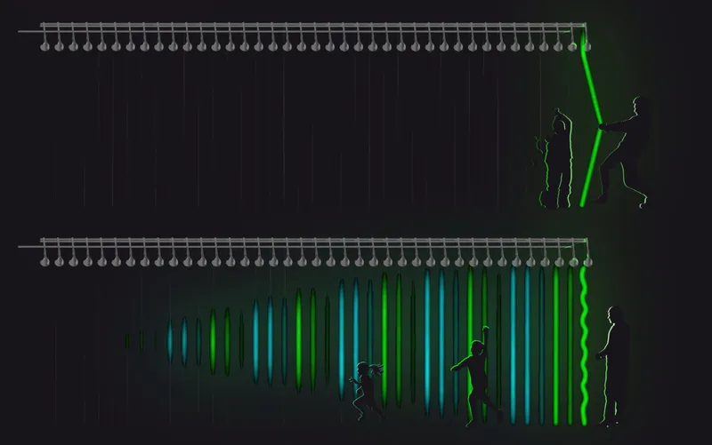 Section drawing showing suspended walkway with color-coded sound wave patterns and silhouetted figures below