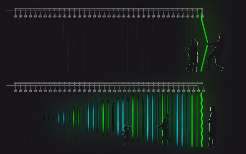 Section drawing showing suspended walkway with color-coded sound wave patterns and silhouetted figures below