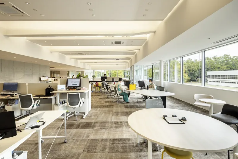 Open-plan office space with workstations, exposed ceiling coffers with integrated lighting, and continuous horizontal windows overlooking trees