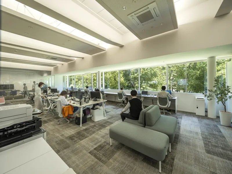 Office floor with rows of desks, backlit ceiling beams, and tall windows offering views of the surrounding tree canopy