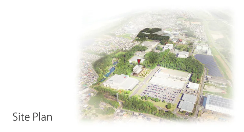 Site plan rendering illustrating the building complex with green spaces and adjacent urban fabric in soft focus