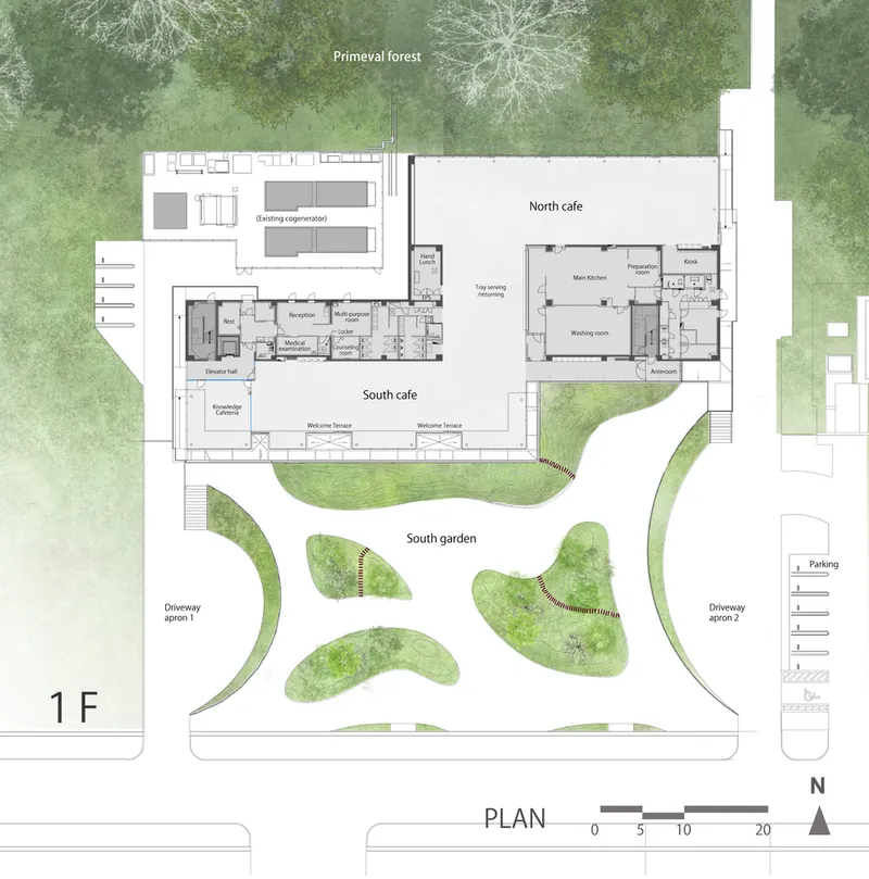 First floor plan drawing showing north and south cafes flanking an entry garden with organic planting beds