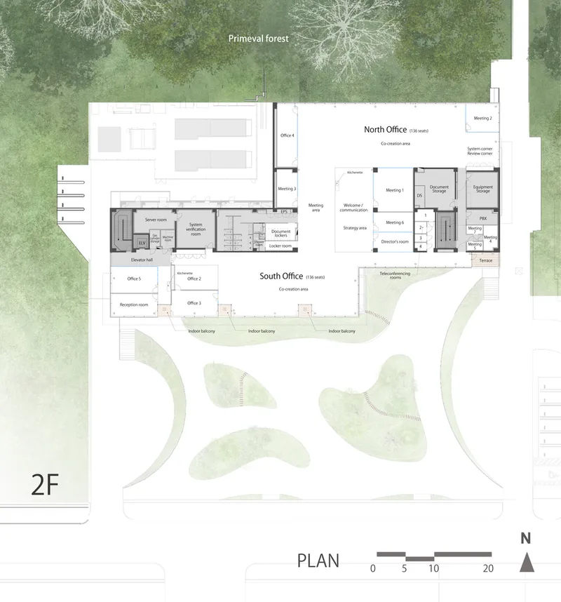 Second floor plan drawing depicting north and south office zones with meeting rooms facing the garden below