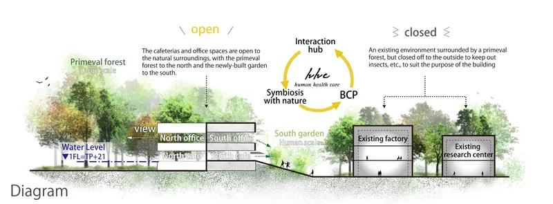 Section diagram showing relationship between office wings, existing factory and primeval forest with labeled zones