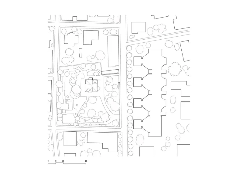Site plan drawing showing clustered buildings with tree canopies in surrounding streets and parkland