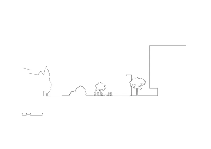 Section drawing depicting low structure with trees and figures in open landscape