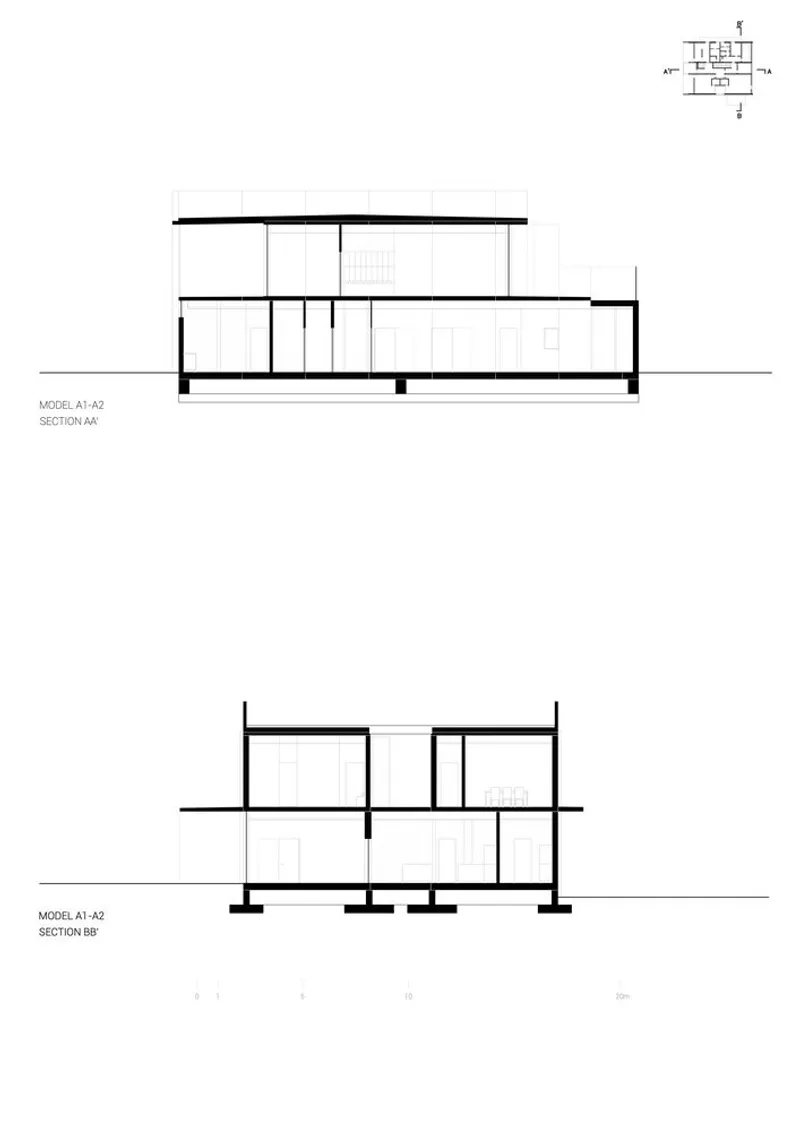 Section drawings showing two-story interior spatial relationships and floor-to-ceiling heights