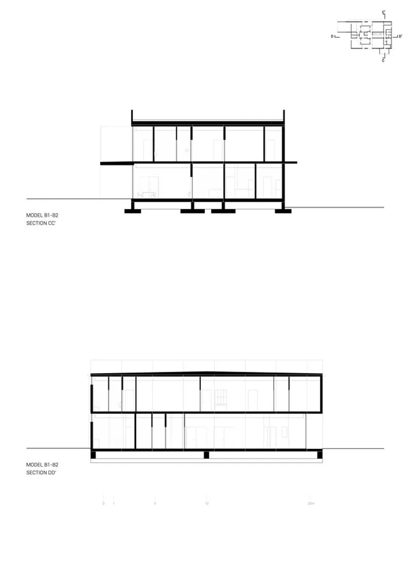 Section drawings showing the two-story structure with vertical partitions and horizontal datum lines