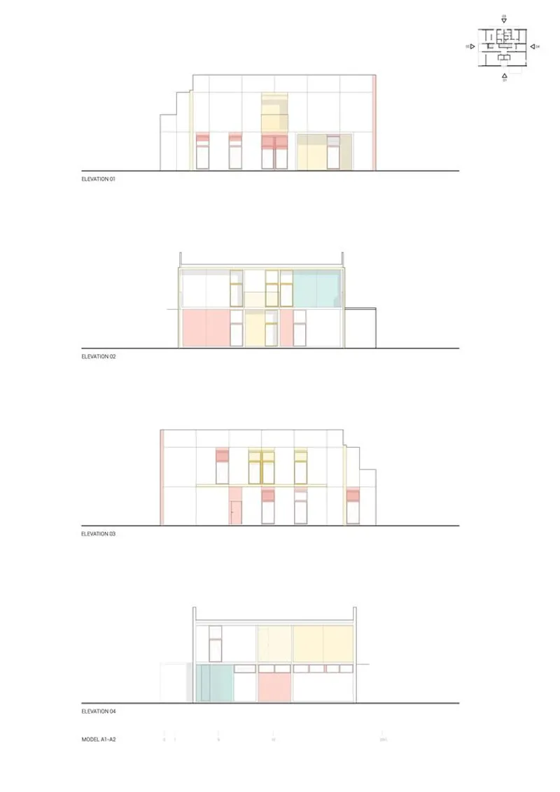 Elevation drawings with colored panels marking window openings and wall surfaces on four facades