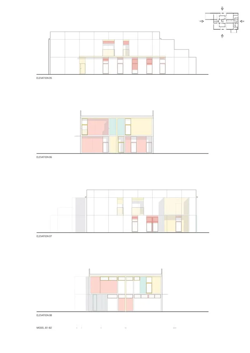 Elevation drawings showing the stepped massing with pastel-tinted facade panels in varied configurations
